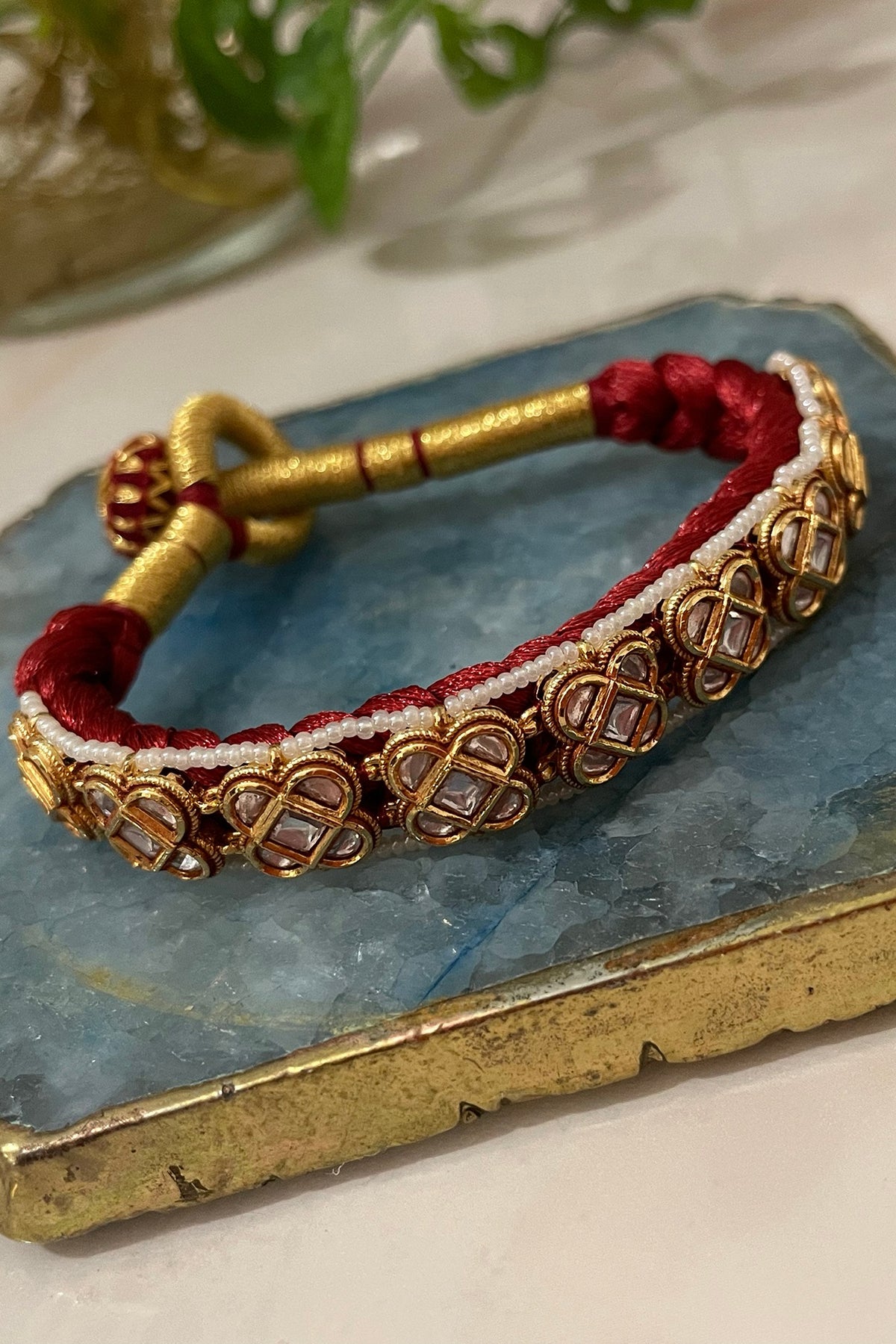 Gold Finish Kundan Polki & Pearl Filigree Bracelet