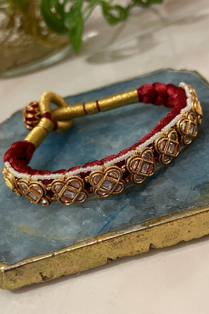 Gold Finish Kundan Polki & Pearl Filigree Bracelet