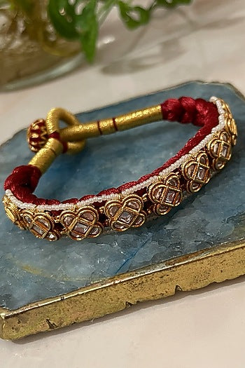 Gold Finish Kundan Polki & Pearl Filigree Bracelet