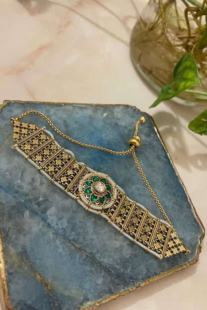 Gold Finish Kundan Polki & Emerald Stone Bracelet