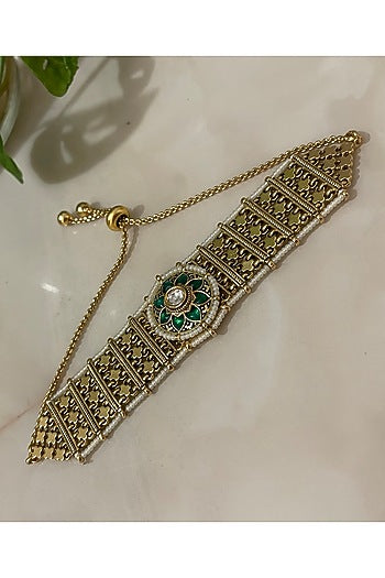 Gold Finish Kundan Polki & Emerald Stone Bracelet