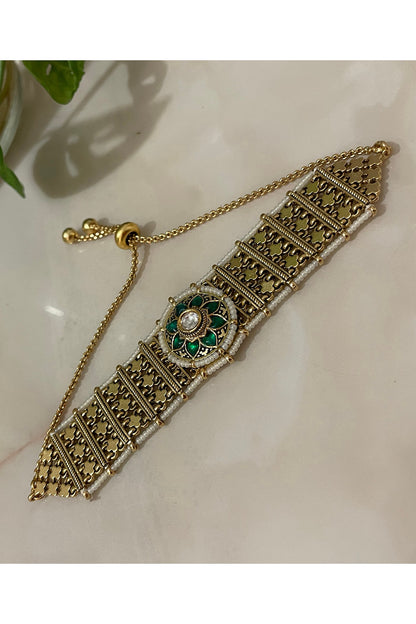 Gold Finish Kundan Polki & Emerald Stone Bracelet
