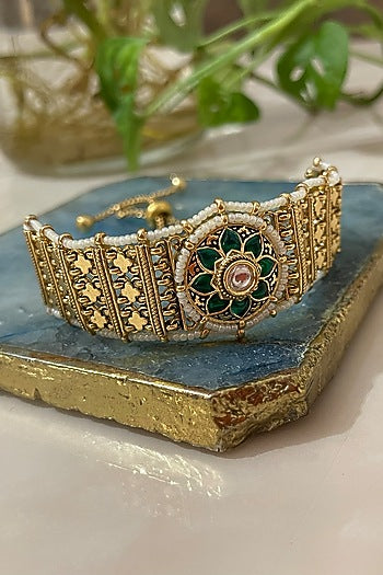 Gold Finish Kundan Polki & Emerald Stone Bracelet