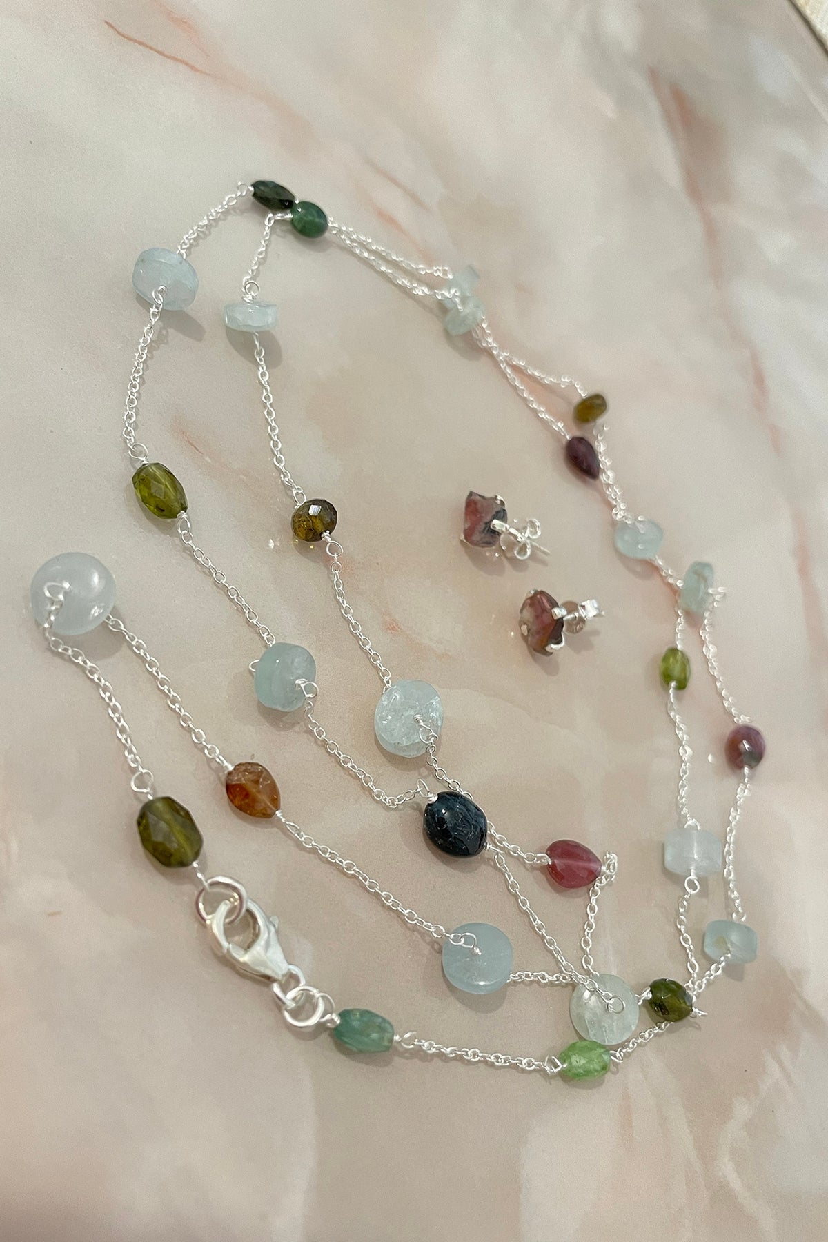 White Finish Tourmaline Necklace Set In Sterling Silver