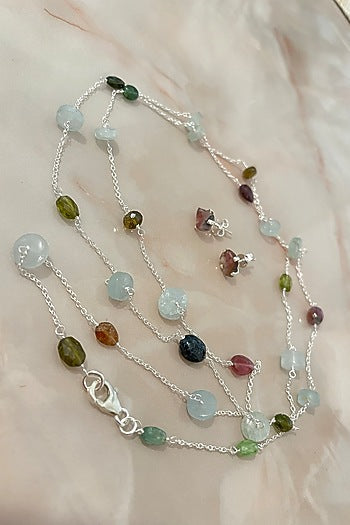 White Finish Tourmaline Necklace Set In Sterling Silver