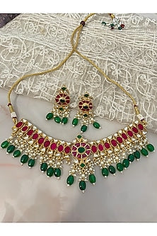 Gold Finish Gemstone & Pearl Necklace Set