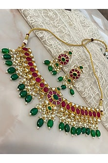 Gold Finish Gemstone & Pearl Necklace Set