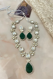 White Finish Gemstone & Kundan Polki Long Necklace Set