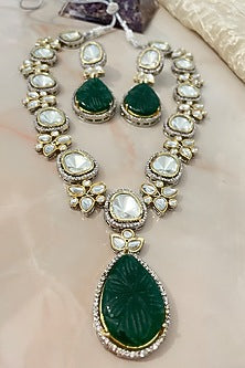 White Finish Gemstone & Kundan Polki Long Necklace Set