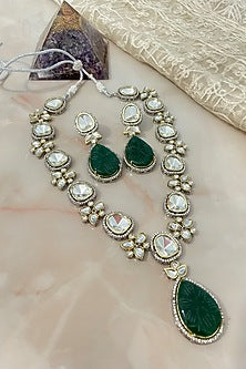 White Finish Gemstone & Kundan Polki Long Necklace Set