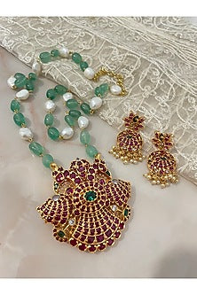 Gold Finish Gemstone & Pearl Long Necklace Set