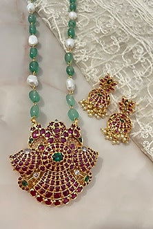 Gold Finish Gemstone & Pearl Long Necklace Set