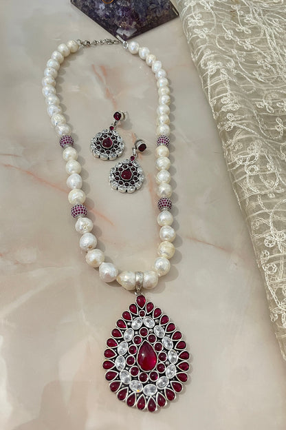 White Finish Ruby & Pearl Long Necklace Set