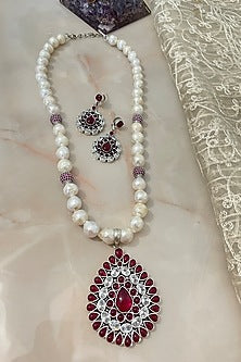 White Finish Ruby & Pearl Long Necklace Set