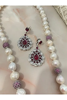 White Finish Ruby & Pearl Long Necklace Set