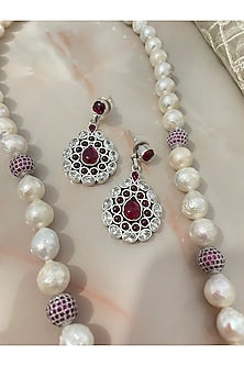 White Finish Ruby & Pearl Long Necklace Set
