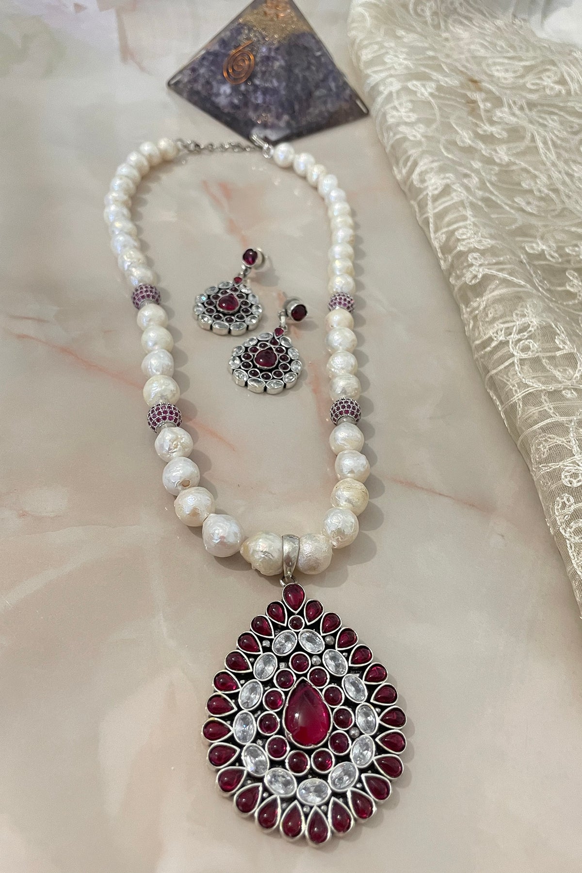 White Finish Ruby & Pearl Long Necklace Set