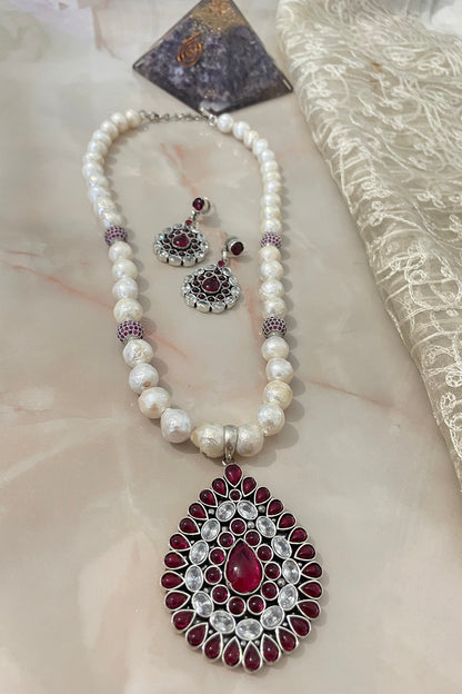 White Finish Ruby & Pearl Long Necklace Set