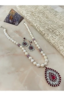 White Finish Ruby & Pearl Long Necklace Set
