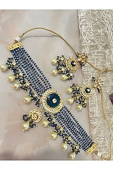 Gold Finish Blue Beaded Necklace Set