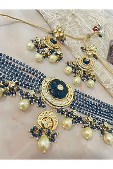 Gold Finish Blue Beaded Necklace Set