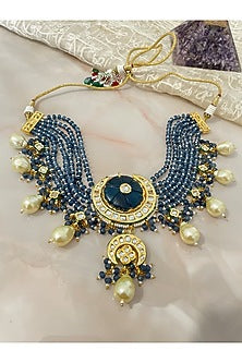 Gold Finish Blue Beaded Necklace Set
