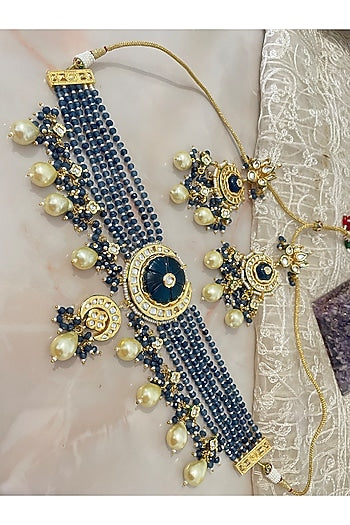 Gold Finish Blue Beaded Necklace Set