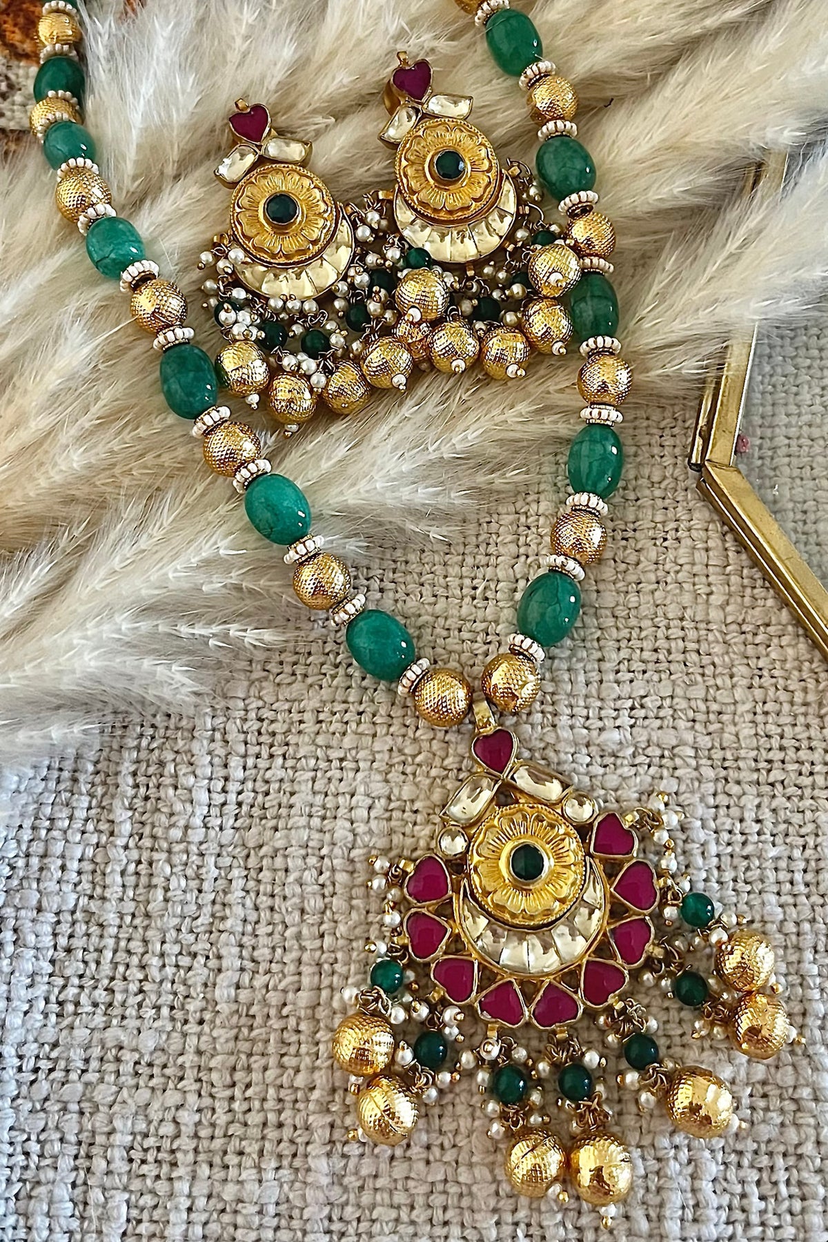 Gold Finish Kundan Polki & Emerald Green Beaded Long Necklace Set