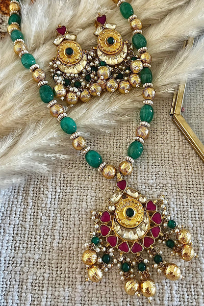 Gold Finish Kundan Polki & Emerald Green Beaded Long Necklace Set