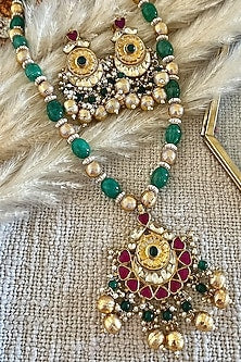 Gold Finish Kundan Polki & Emerald Green Beaded Long Necklace Set