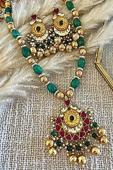 Gold Finish Kundan Polki & Emerald Green Beaded Long Necklace Set