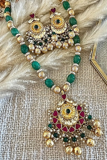 Gold Finish Kundan Polki & Emerald Green Beaded Long Necklace Set