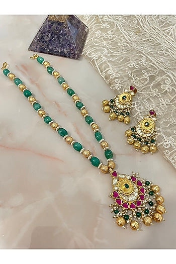 Gold Finish Kundan Polki & Emerald Green Beaded Long Necklace Set
