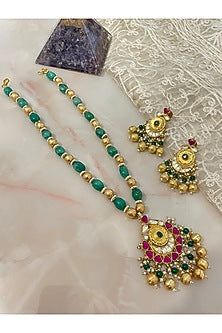 Gold Finish Kundan Polki & Emerald Green Beaded Long Necklace Set