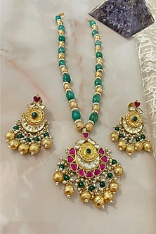 Gold Finish Kundan Polki & Emerald Green Beaded Long Necklace Set