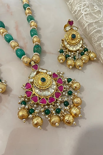 Gold Finish Kundan Polki & Emerald Green Beaded Long Necklace Set