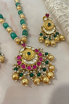 Gold Finish Kundan Polki & Emerald Green Beaded Long Necklace Set