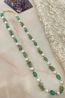 Gold Finish Pearl & Green Jade Long Necklace
