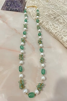 Gold Finish Pearl & Green Jade Long Necklace