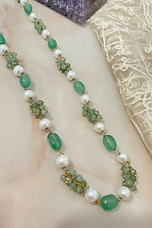 Gold Finish Pearl & Green Jade Long Necklace