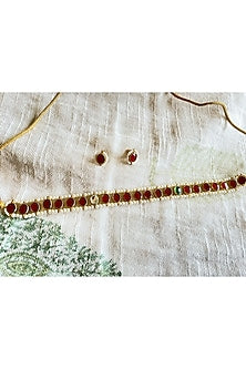 Gold Finish Kundan Polki & Red Stone Choker Necklace Set