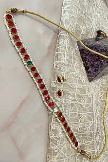 Gold Finish Kundan Polki & Red Stone Choker Necklace Set