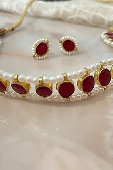 Gold Finish Kundan Polki & Red Stone Choker Necklace Set