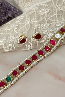 Gold Finish Kundan Polki & Red Stone Choker Necklace Set