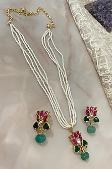 Gold Finish Kundan Polki & Pearl Long Necklace Set