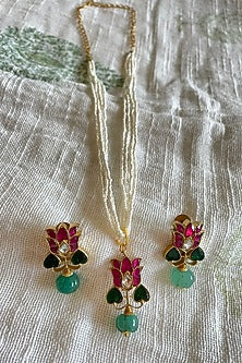 Gold Finish Kundan Polki & Pearl Long Necklace Set
