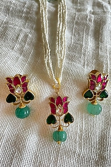 Gold Finish Kundan Polki & Pearl Long Necklace Set