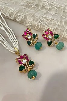 Gold Finish Kundan Polki & Pearl Long Necklace Set