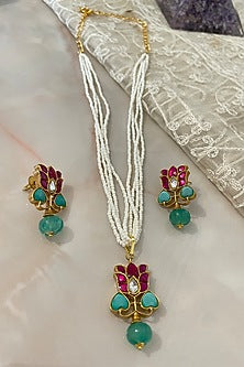 Gold Finish Kundan Polki & Pearl Long Necklace Set
