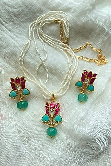 Gold Finish Kundan Polki & Pearl Long Necklace Set
